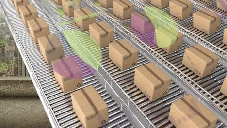 animation of statistics processing over cardboard boxes on conveyor belts and cityscape