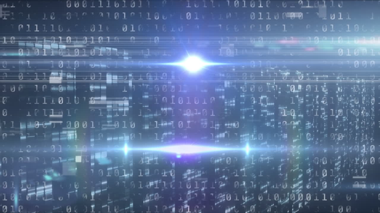 Animation of blue glowing light over data processing and flashing servers on black background