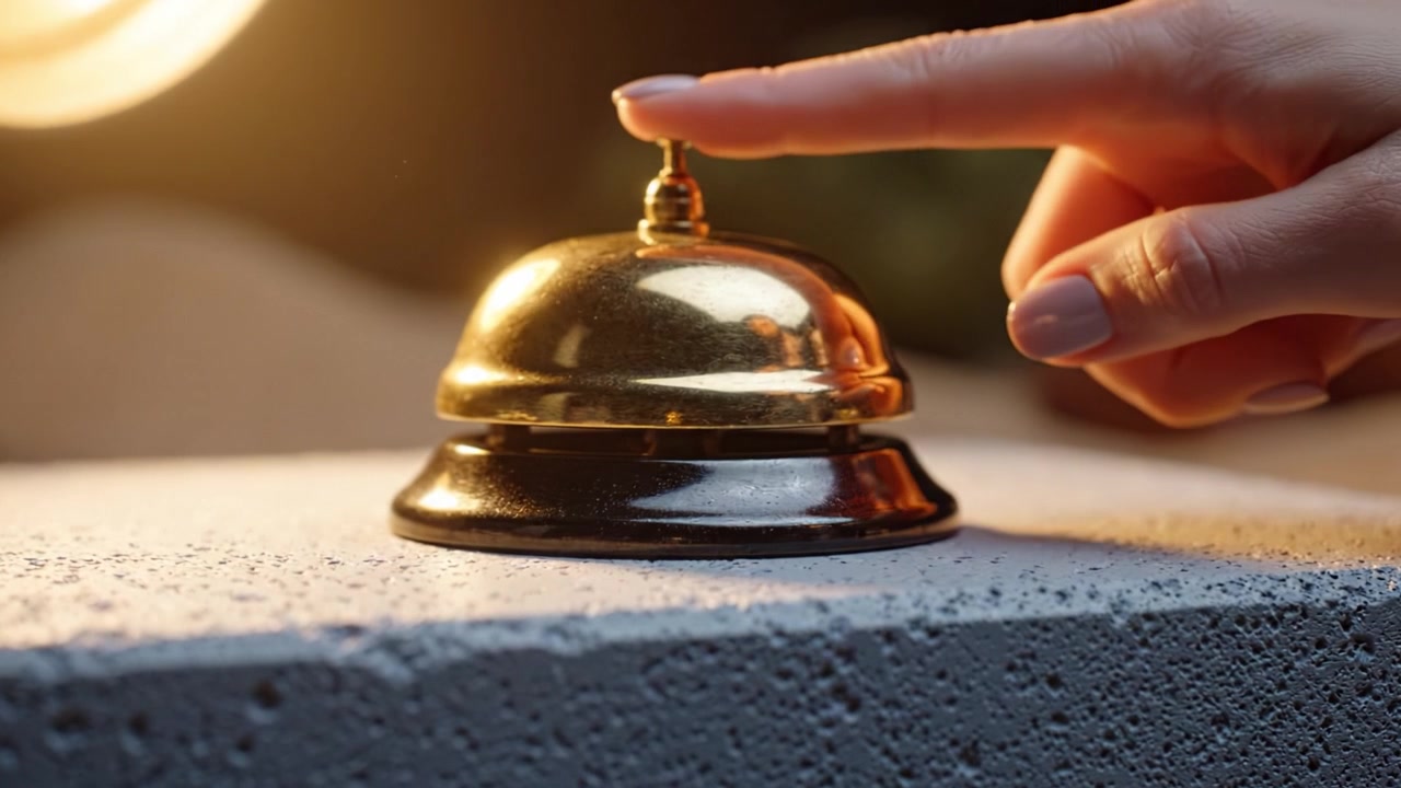 Elegant Reception Bell on a Textured Surface Captured in Soft Lighting, Highlighting Reflections and Style Focused for Hospitality or Service Settings