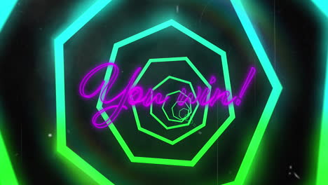 animación de usted ganar y hexágonos de neón en fondo negro