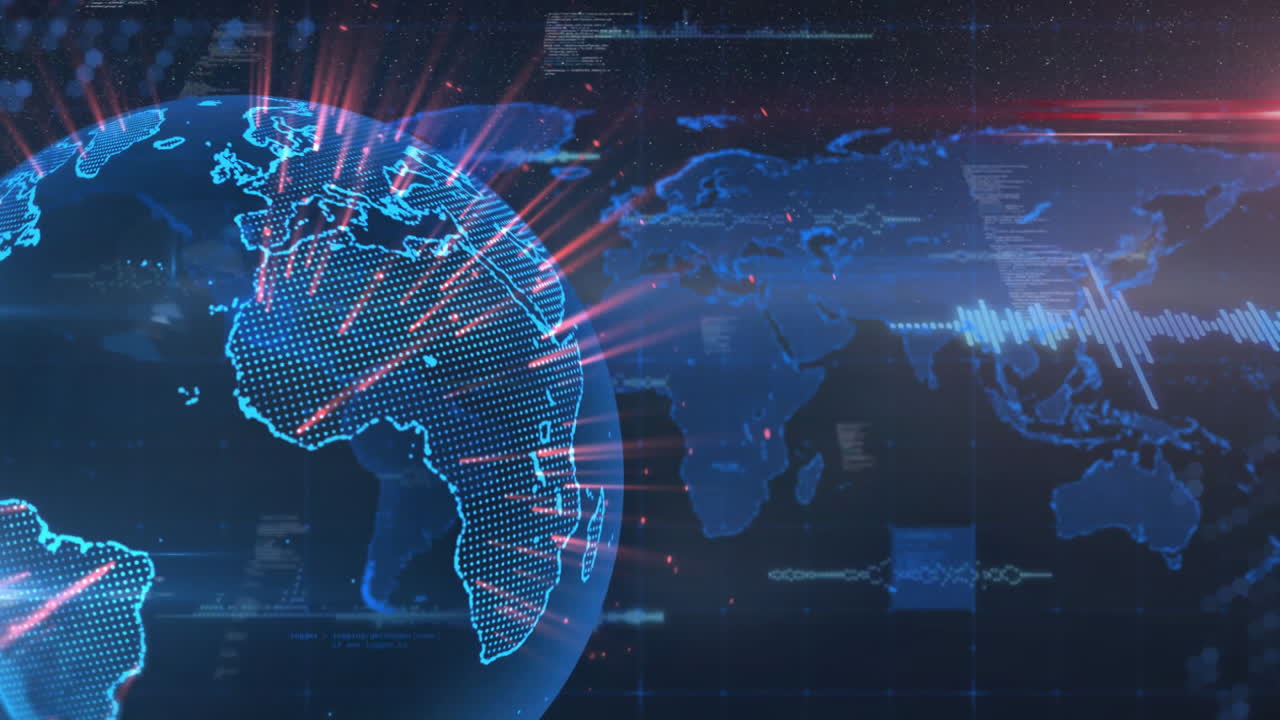 Digital world map and data transmission animation over rotating globe