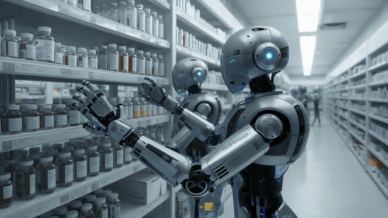 Sterowanie dwoma robotami sięgającymi półki w aptece, skanującymi leki i umieszczającymi je w zasobniku