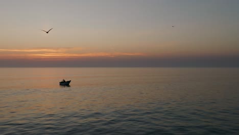 fotografía aérea de un barco de pesca en el mar al atardecer con gaviotas