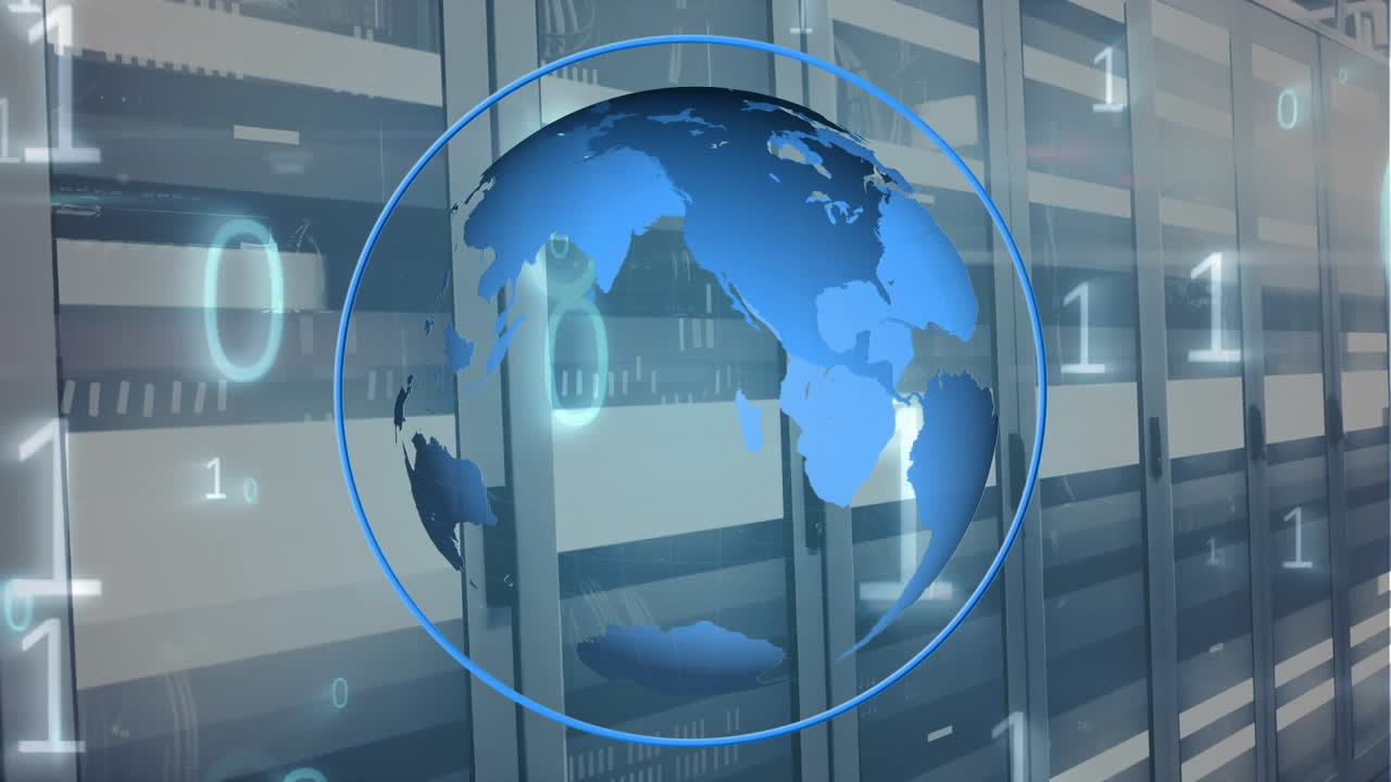 데이터 서버 랙의 움직이는 막대 위에 둘레에 있는 지구와 떨어지는 바이너리 코드의 애니메이션