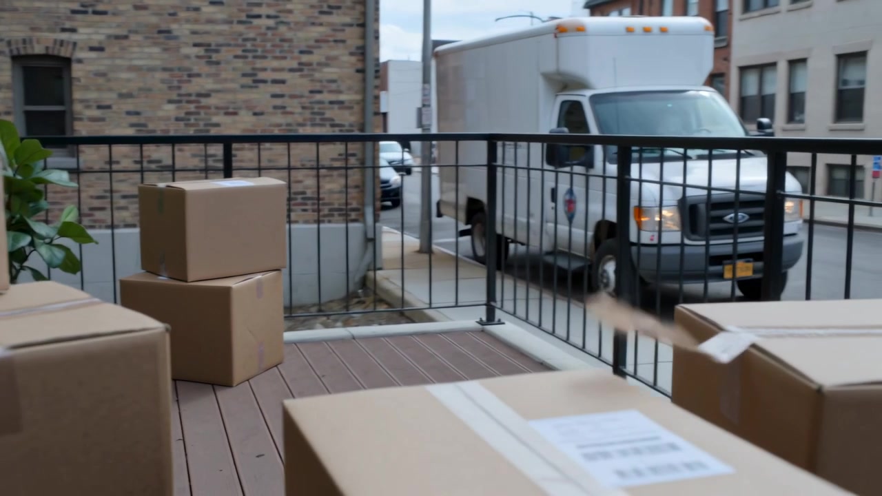 カメラがパンして、アパートのバルコニーに積まれた箱を映し出す。同時に、配達トラックがラベル付きの荷物を配送している。