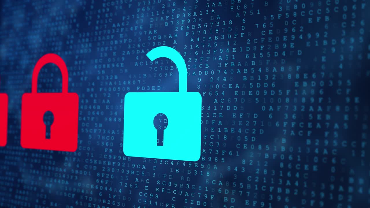 Internet security concept open red padlock virus or unsecured threat of hacking animation cyber