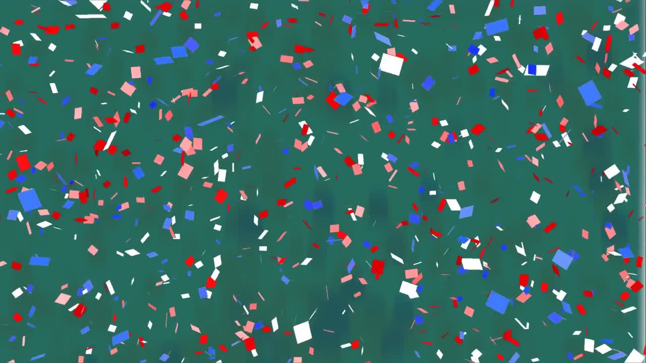 Animation of red, white and blue confetti falling on green background