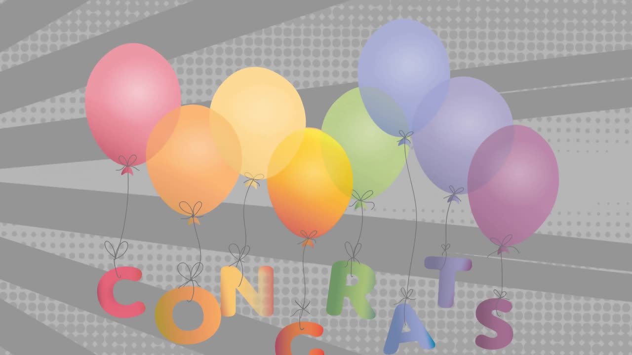 animación de globos coloridos flotantes y felicitaciones en fondo gris
