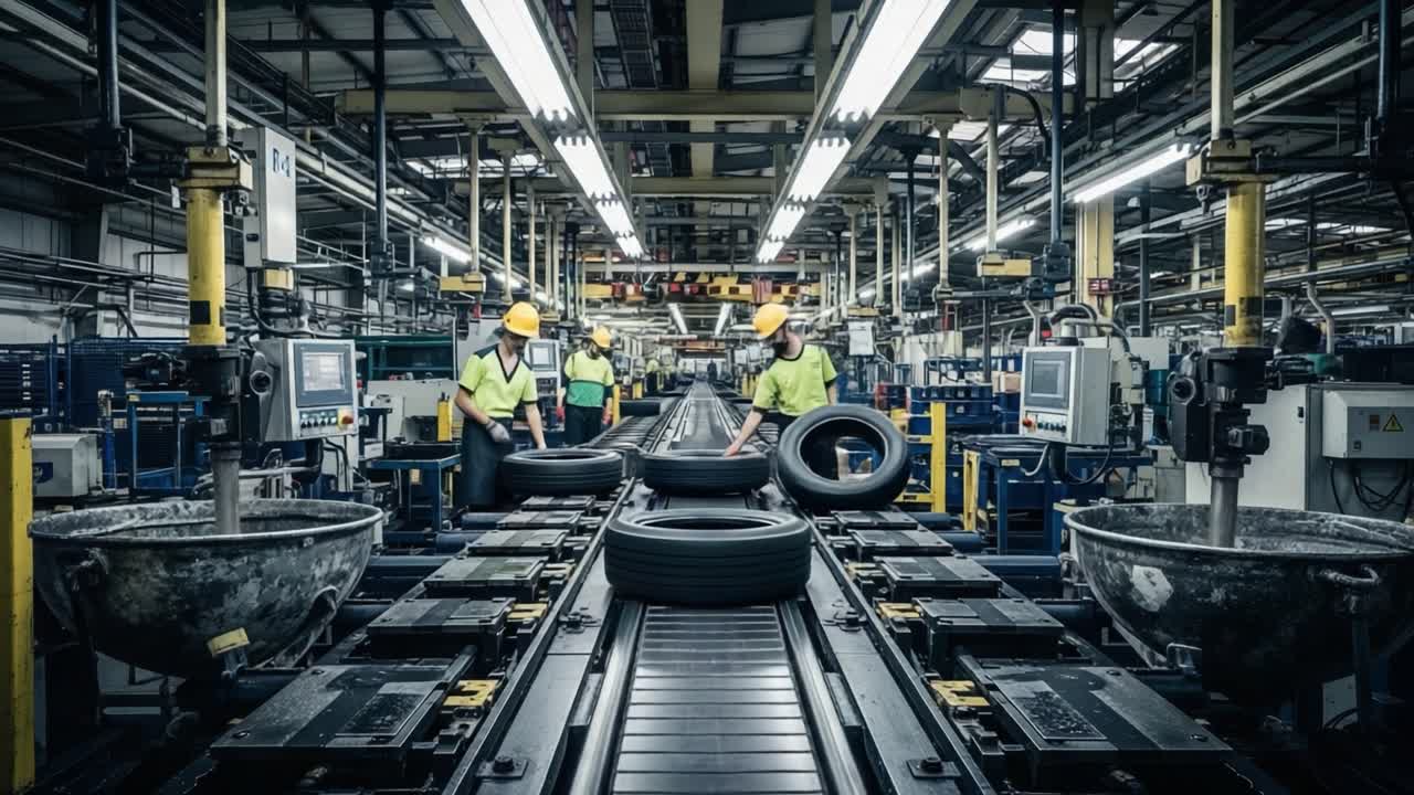 Workers on an assembly line in a tire manufacturing factory