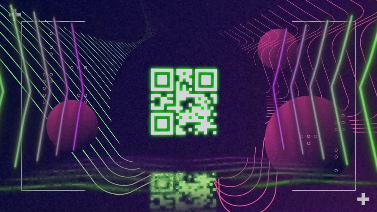 escáner de código qr con elementos de neón contra formas abstractas en fondo azul