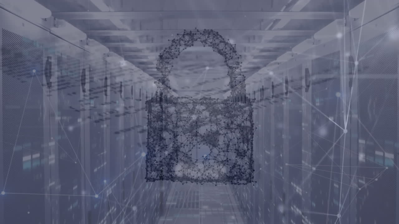 보안 잠금 아이콘, 연결 네트워크 및 서버  ⁇ 에 대한 데이터 처리 애니메이션