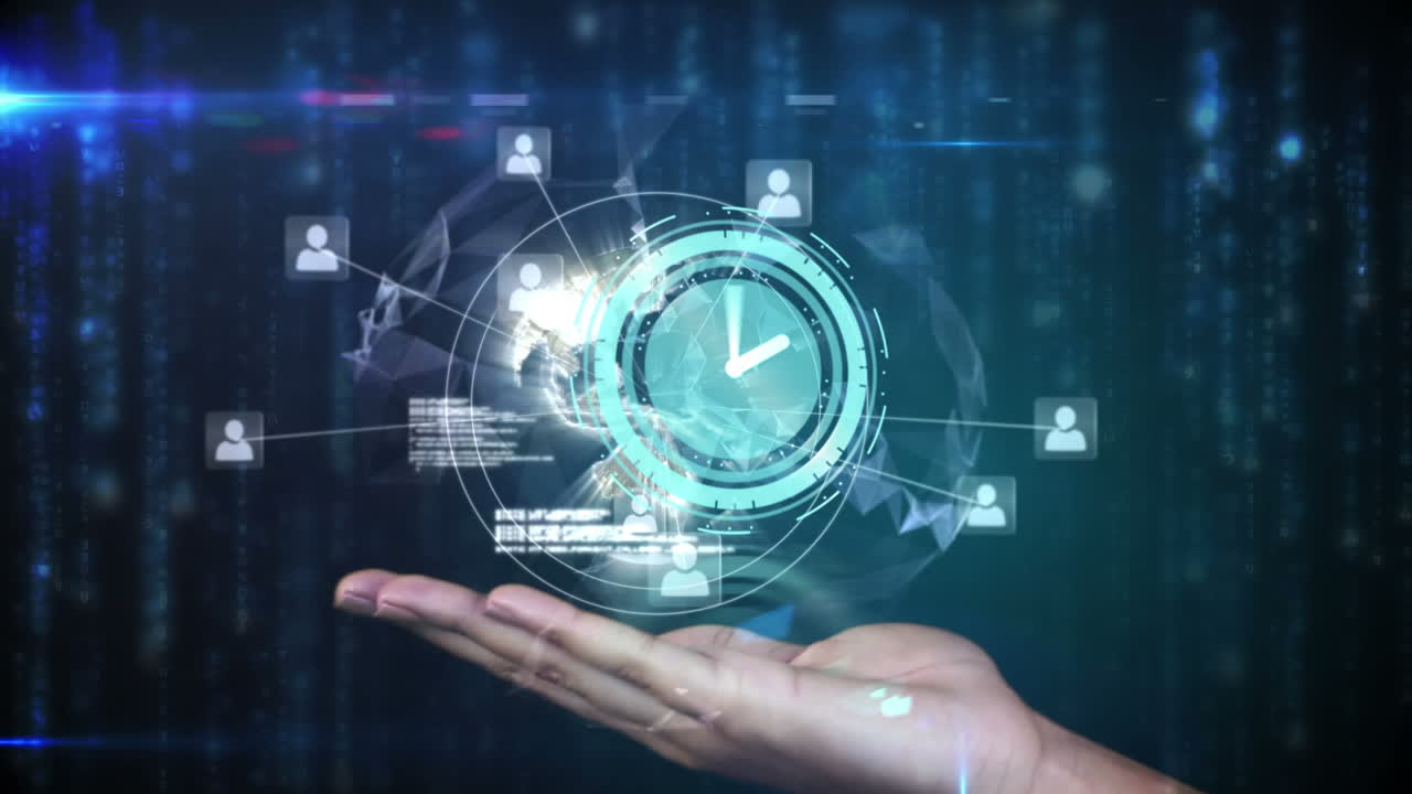 빠르게 움직이는 시계와 손 위의 연결 네트워크의 애니메이션