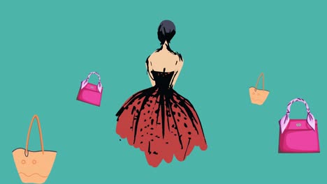 Animation-of-handbag-icons-and-model-on-green-background