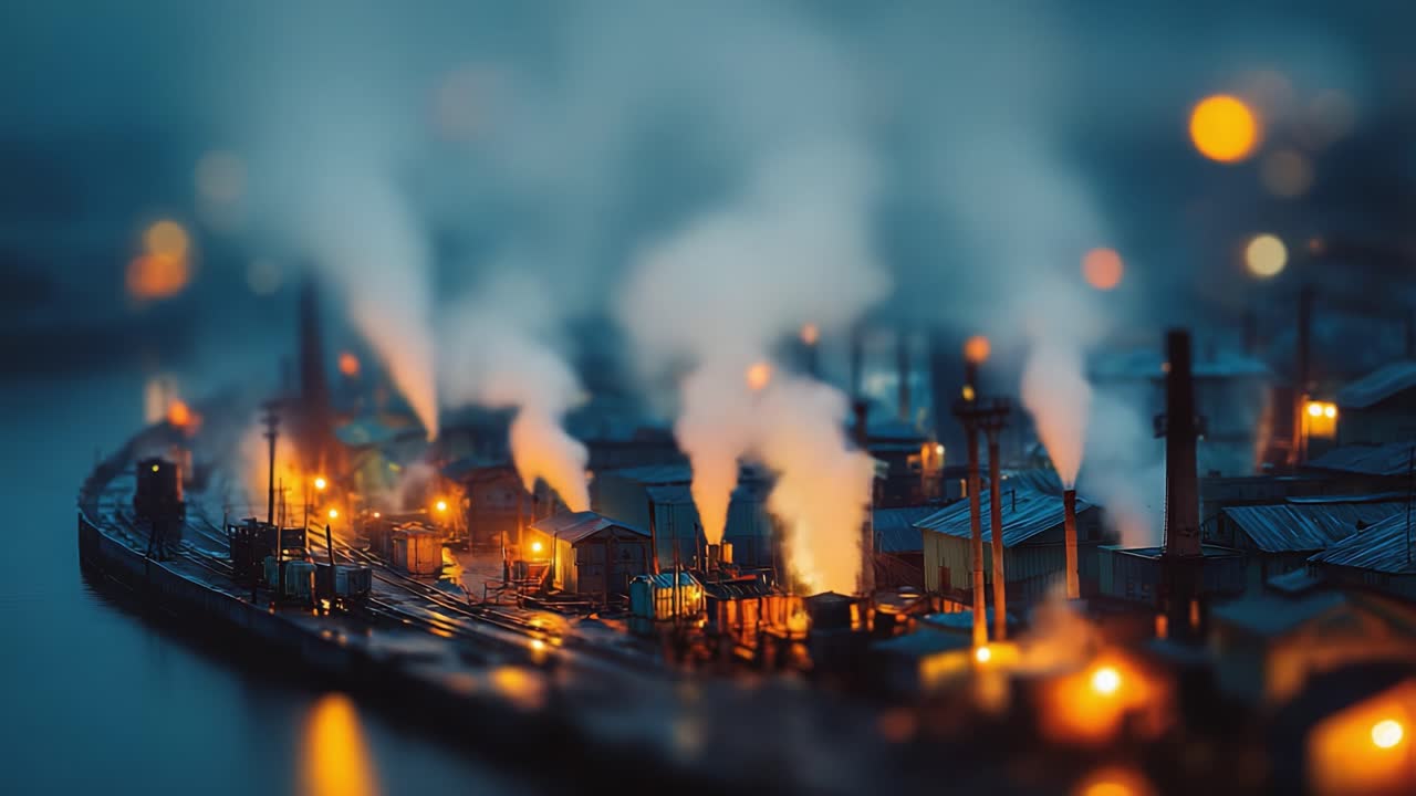 Vista aerea notturna di un complesso industriale con vapore e fumo che fuoriescono dalle ciminiere, illuminato da tenui bagliori delle luci della fabbrica che si riflettono sulla superficie dell'acqua