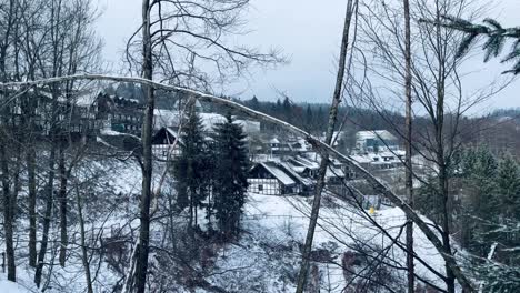 Pequeño-Pueblo-Con-Casas-Cubiertas-De-Nieve-Junto-Al-Bosque-En-Invierno