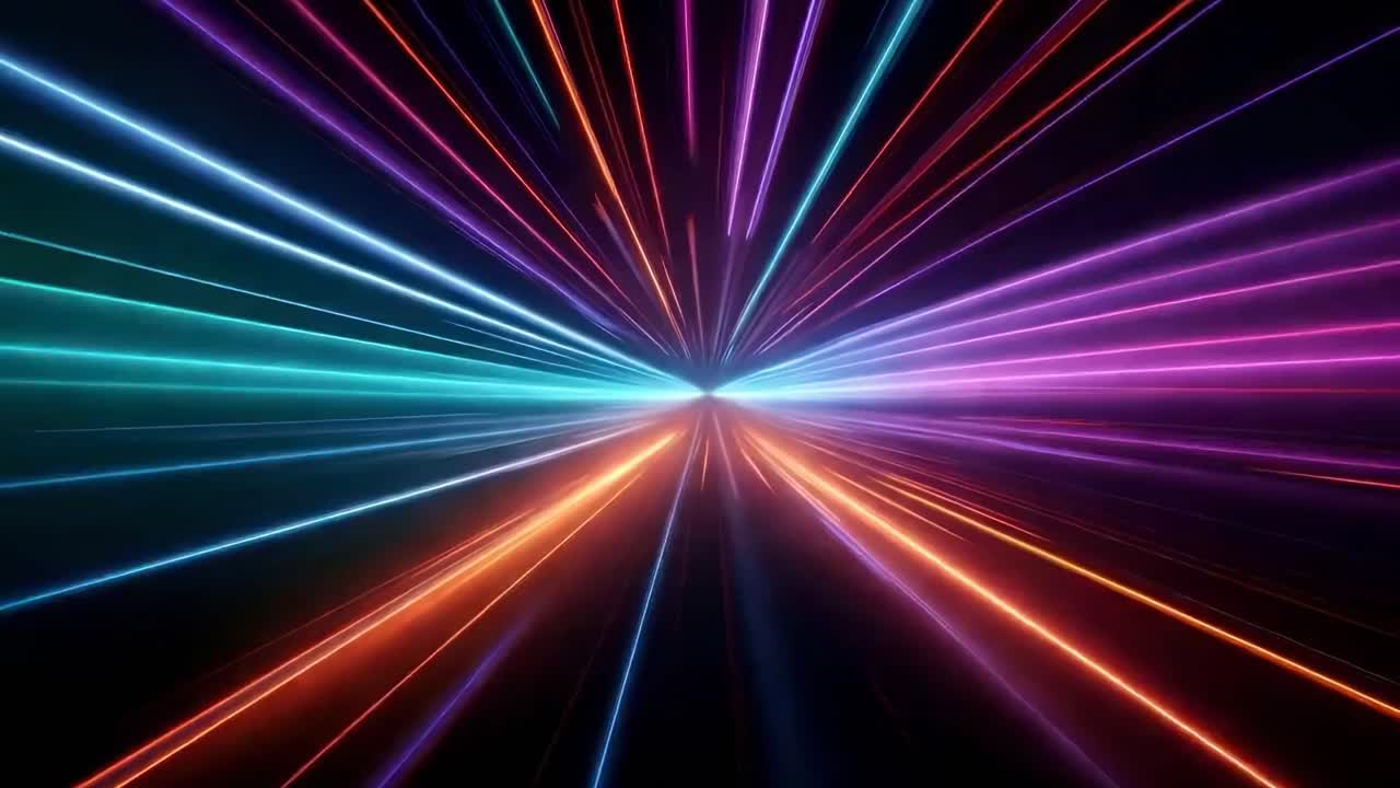 Video dinamico di scie luminose colorate che convergono in un punto centrale, creando un effetto futuristico