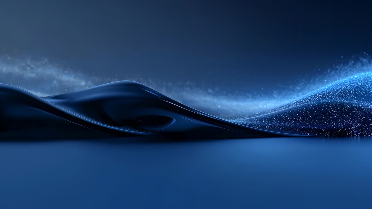 Bursting blue particle plume pushing undulating dark-blue wave leftward along horizon, diffusing