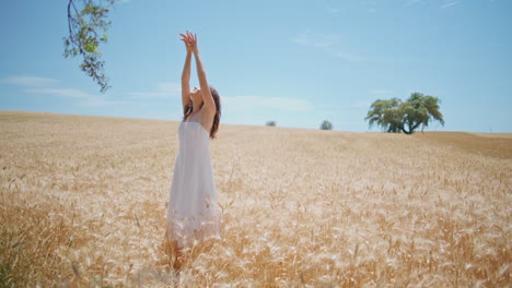 white dress model summer enjoying at cereal nature. young woman posing at field