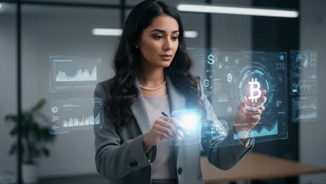 a professional woman interacting with digital cryptocurrency interfaces, analyzing data and trends in a modern office setting, showcasing innovation and technology
