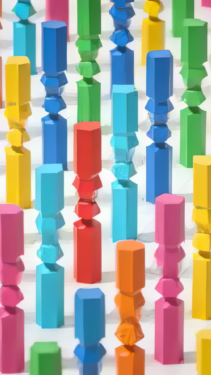 Vertical video: Camera moving, revealing painted pegs changing shape for close detail on grid base