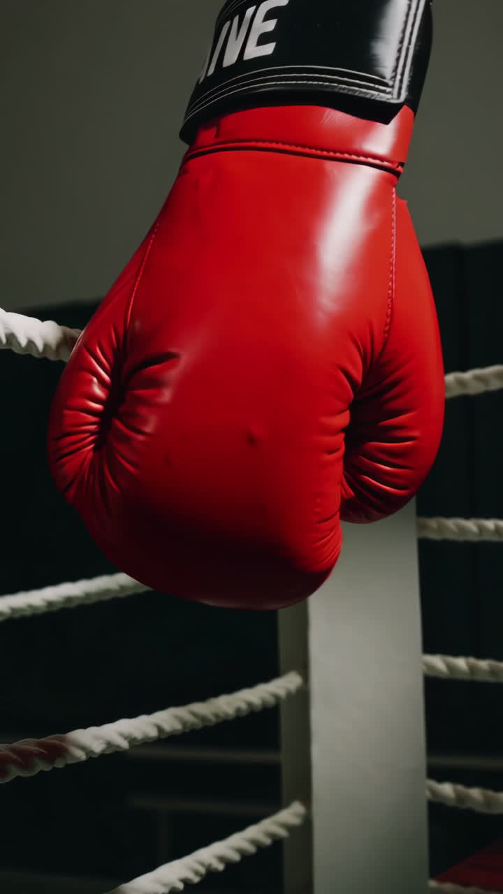 Close-up of boxing gloves near boxing ring ropes