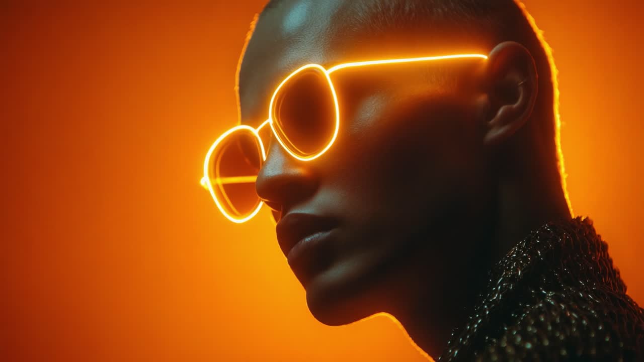 Captivating Close-Up Portrait of a Person Wearing Stylish Neon Glasses Against an Alluring Orange Background, Showcasing Unique Fashion and Modern Aesthetic