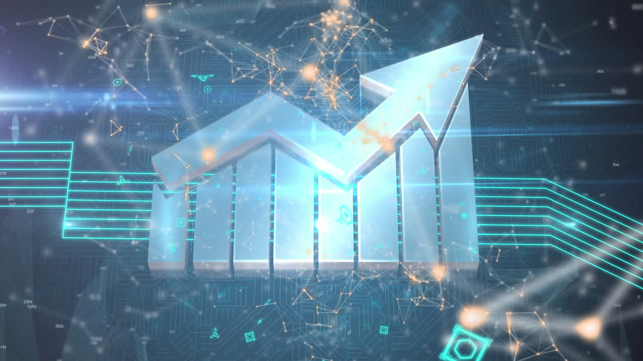 animación digital de iconos de flecha y rastros de luz contra la red de conexiones sobre fondo azul