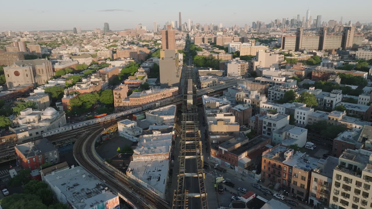 Aerial view of the subway in Brooklyn at sunrise. Shot in New York City.