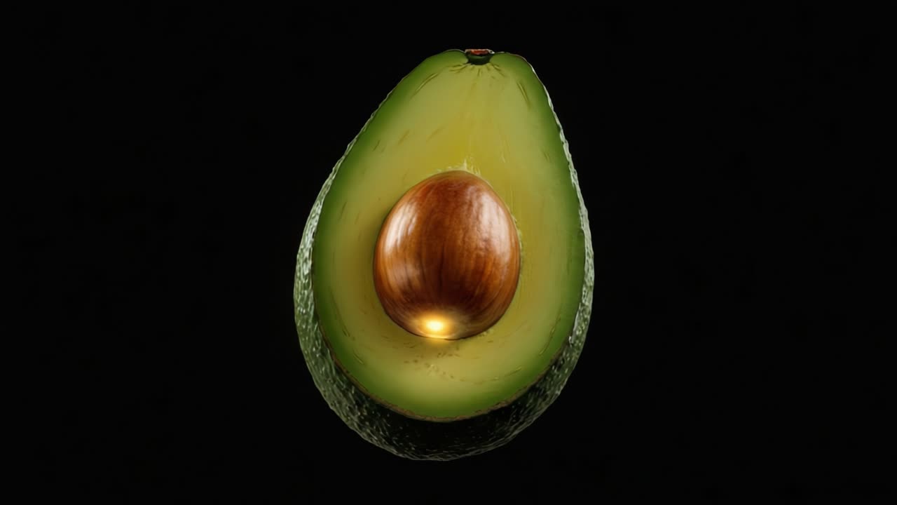 Uma representação artística de um abacate cortado ao meio com o centro da semente brilhante em um plano de fundo escuro, destacando o frescor e a vivacidade da fruta