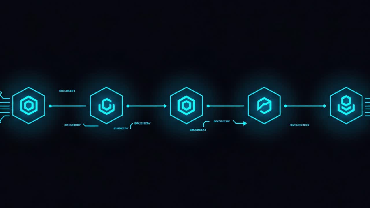 A Sequential Illustration Featuring Hexagonal Icons Representing Different Stages of a Process, Highlighting the Flow of Information and Technology Interconnectivity