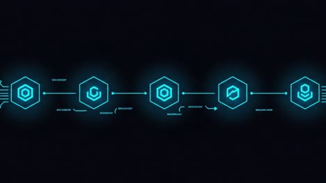 a sequential illustration featuring hexagonal icons representing different stages of a process, highlighting the flow of information and technology interconnectivity