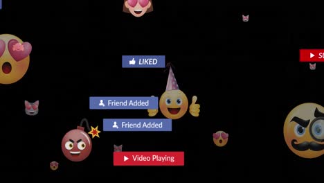 Animation-Von-Social-Media-Symbolen-Mit-Texten-über-Emoji-Symbolen-Auf-Schwarzem-Hintergrund