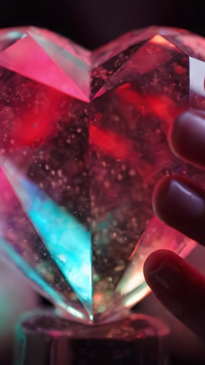 Radiant Heart-Shaped Gemstone Emitting a Vivid Glow with Colorful Lights Reflected from Its Faceted Surface in a Mystical Setting