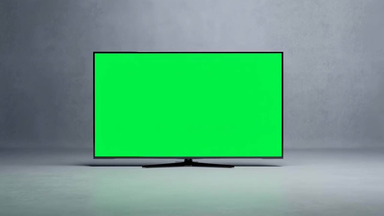 Television With Green Screen Against Concrete Background, Studio Lighting On Minimal Floor, Blank Display