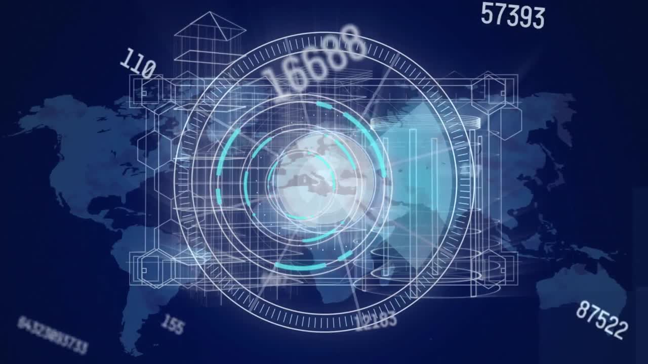 세계 지도에 대한 범위 스캔과 데이터 처리 애니메이션