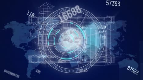 animación de escaneo de alcance y procesamiento de datos sobre el mapa del mundo
