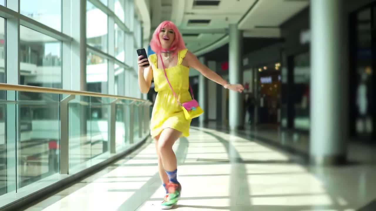 A Vibrant Performance: A Person in a Colorful Dress and Pink Hair Dancing and Enjoying Music in a Modern Shopping Mall Setting