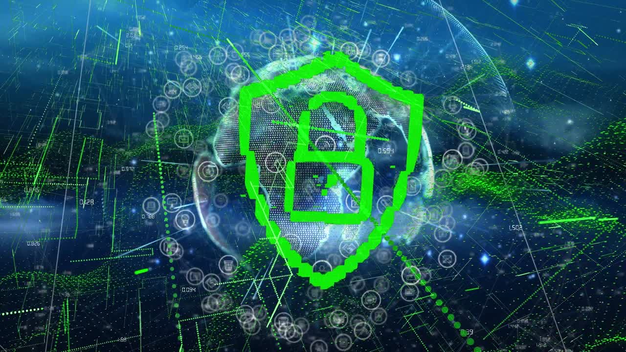 animación del candado de seguridad en línea, red de conexiones sobre el globo giratorio