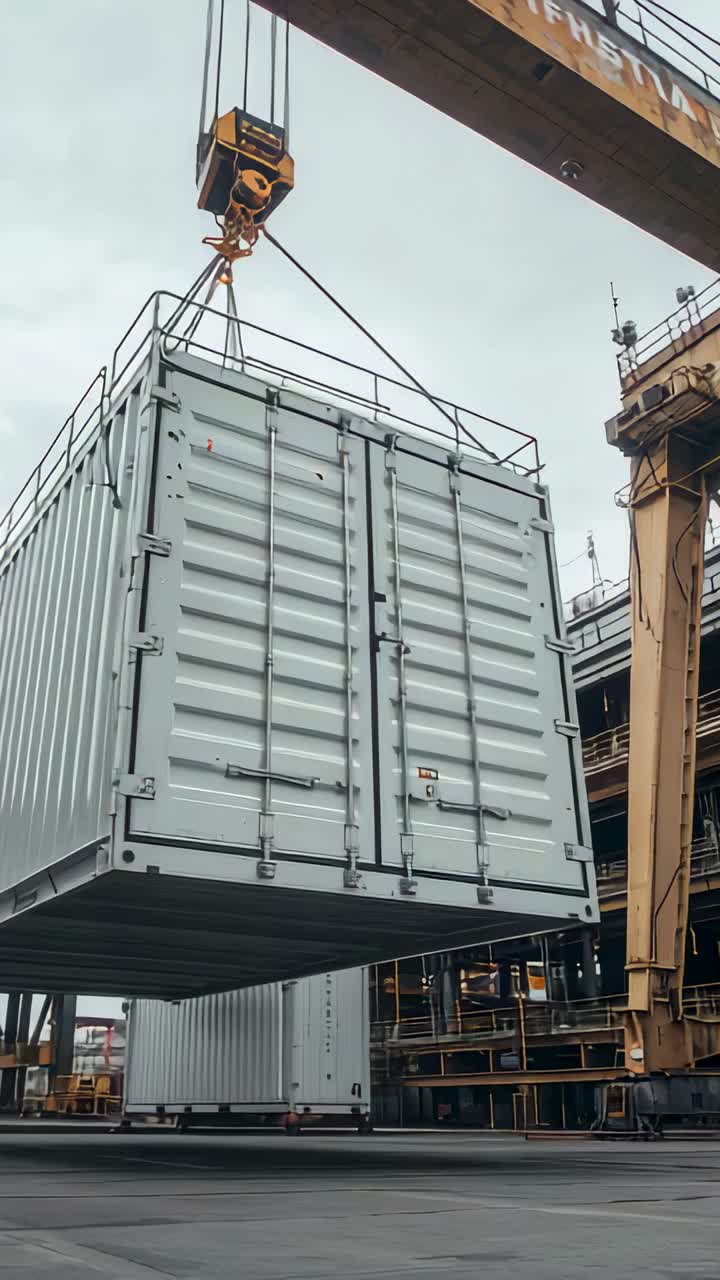Vertikal video: Spil aktiveres, løfter grå container i havn mod stabler med spreder og fire stropper.