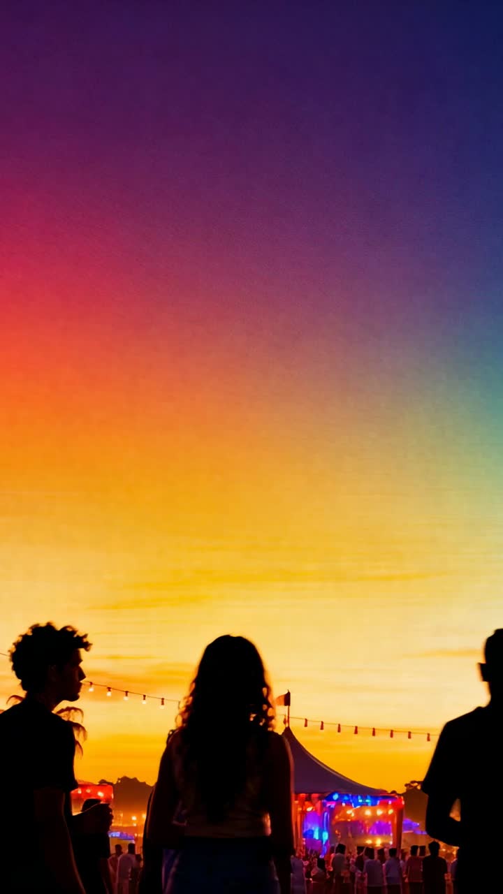 Video verticale: Tre figure centrali che si muovono camminando verso la tenda del festival al tramonto, luci che attirano la folla