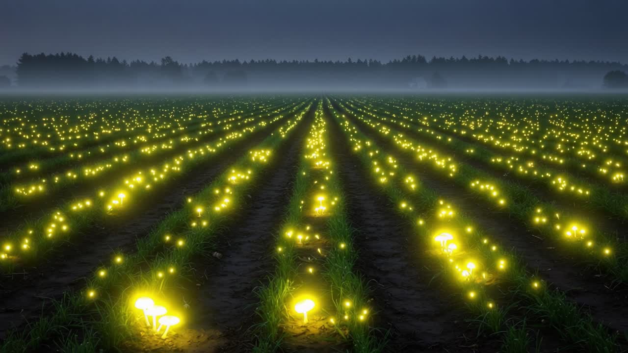 A Mystical Transformation: A Field of Glowing Mushrooms Illuminates the Night in a Beautiful, Ethereal Landscape of Green Rows and Fog