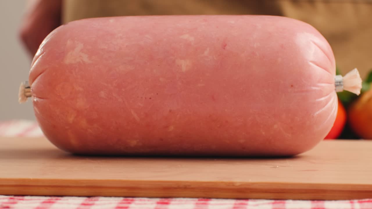 Ham italian mordatella, man Slices Of Traditional Italian antipasti mortadella sausage on a wooden cutting board, close up macro of chicken or turkey jamon, fat breakfast dish.