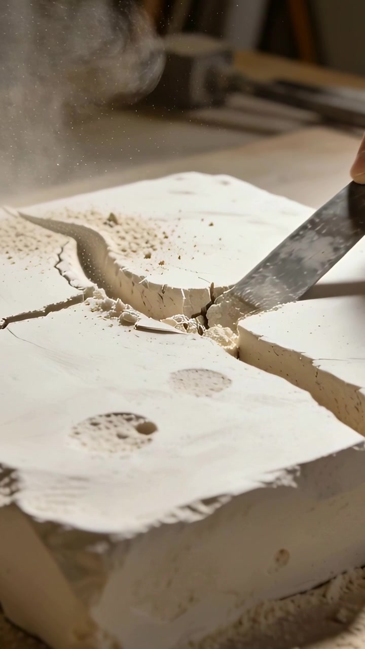 Vertical video: Scraping right hand along crack on plaster at bench, removing fragment with spatula