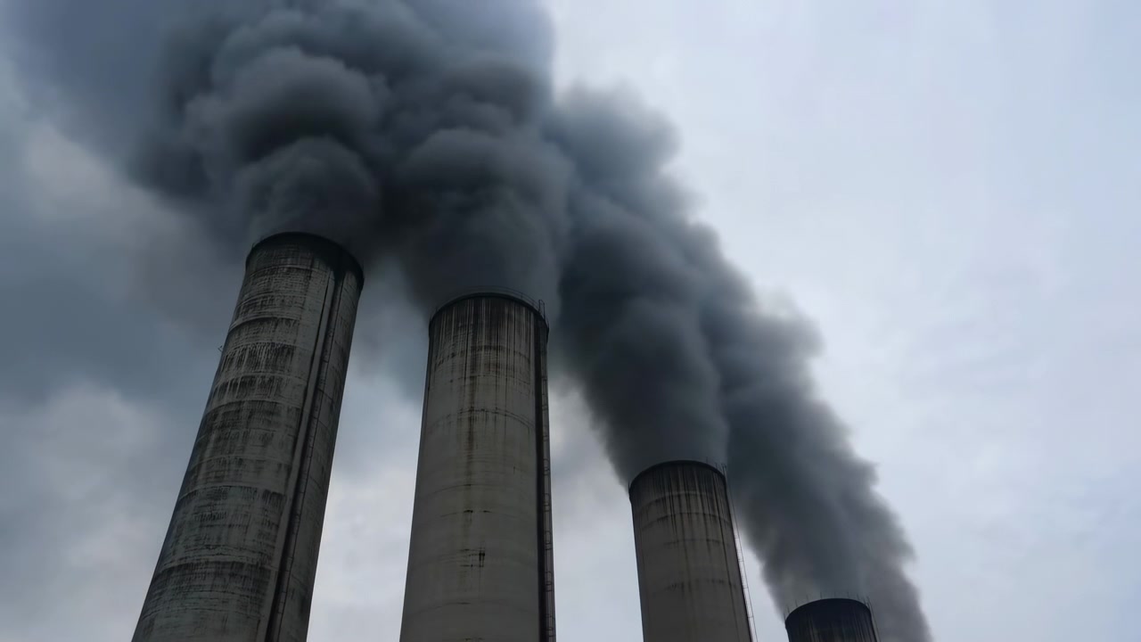 Vista dal basso di alte ciminiere di fabbriche che emettono fumo denso e scuro in un cielo coperto, con più camini che creano una cruda scena di inquinamento industriale.