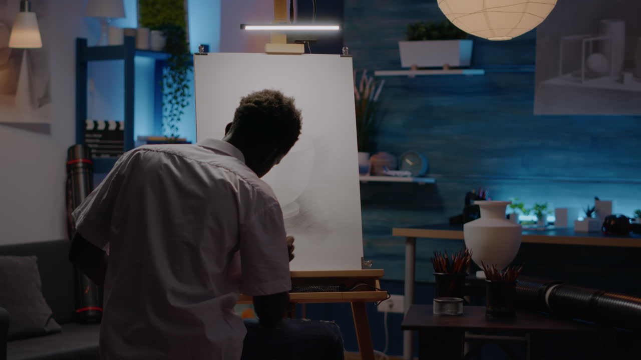 Black creative person using pencil to draw vase design on canvas
