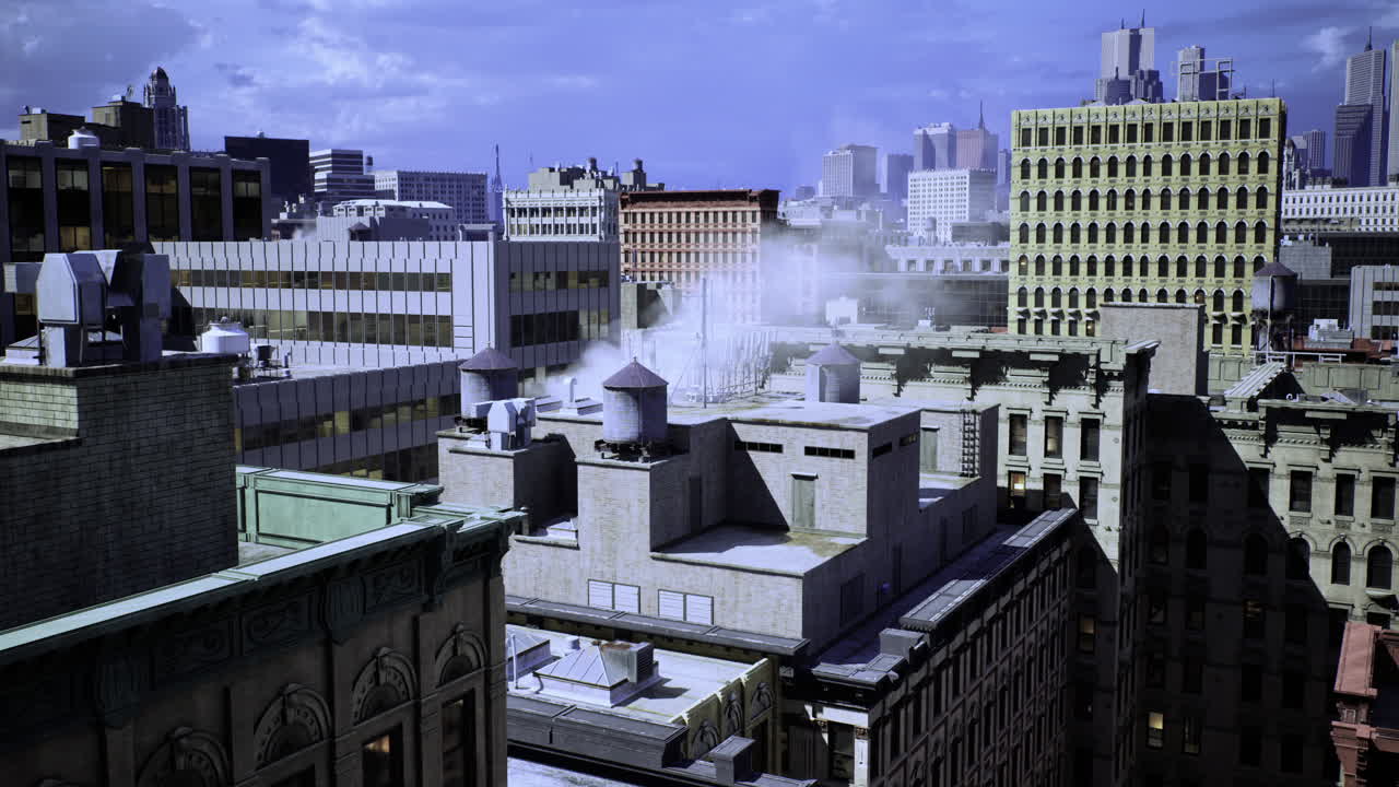 City rooftops with industrial architecture and smoke rising in urban setting