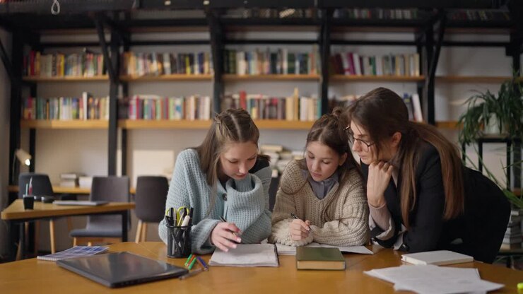 Insegnante che assiste gli studenti in biblioteca