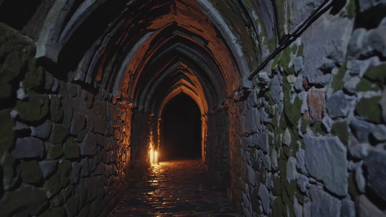 Illuminating the path of a dark, moss covered medieval tunnel, a single torch casts flickering light, enhancing the eerie and mysterious atmosphere of this ancient passage