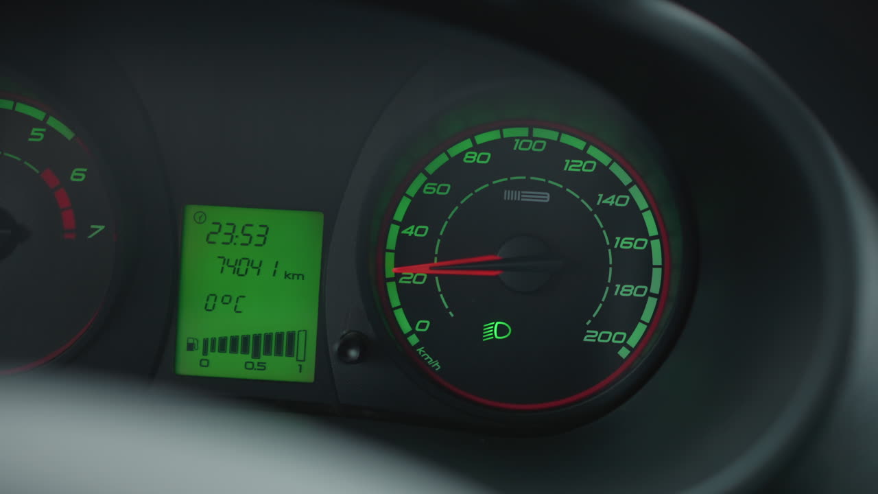 Dashboard close up featuring illuminated green backlight speedometer at 45 kmh, tachometer at 900 rpm, odometer reading 74041 km and digital temperature display at 0 C during urban drive