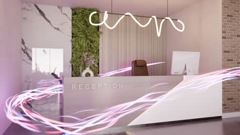 flujo de energía animación de renderización 3d dentro de una recepción de oficina de escritorio con computadora portátil en un albergue de hotel de lujo de spa